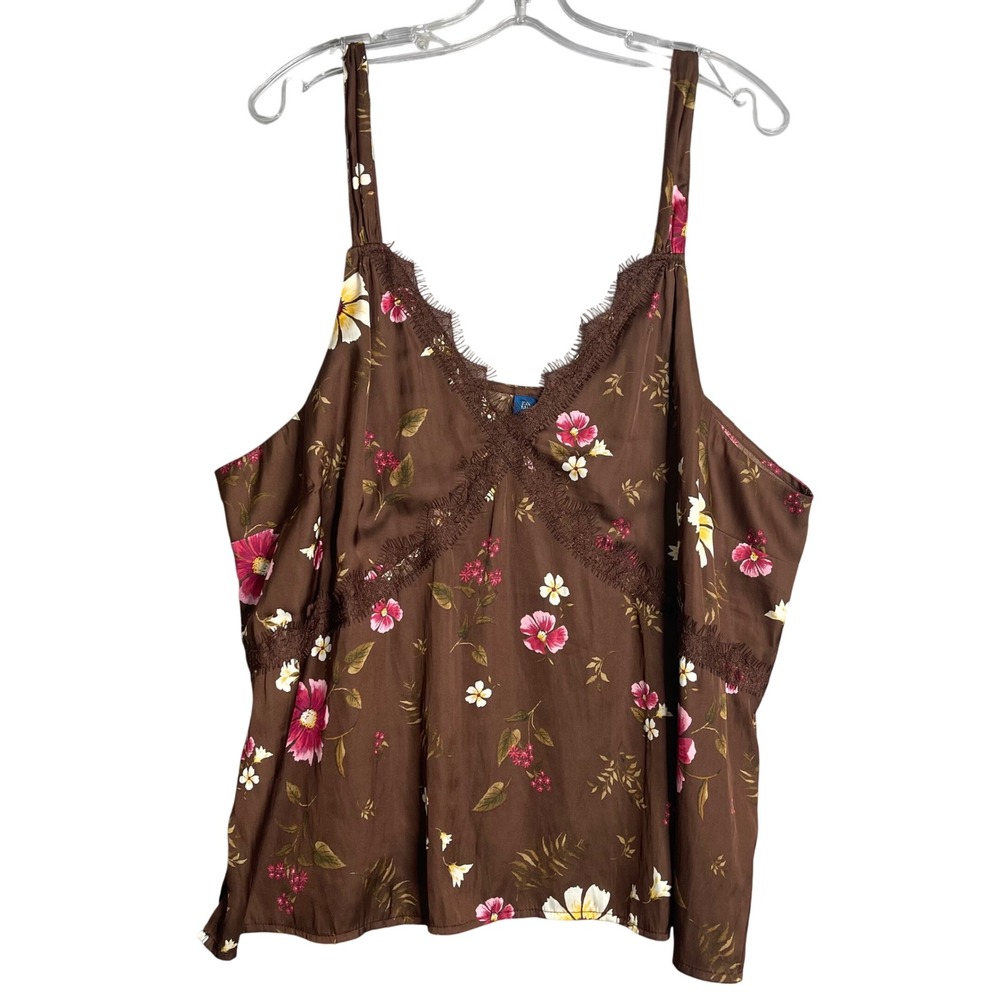New Old Navy Stain Lace Trim Cami Womens‎ XXL Tall Brown Floral Babydoll Y2K